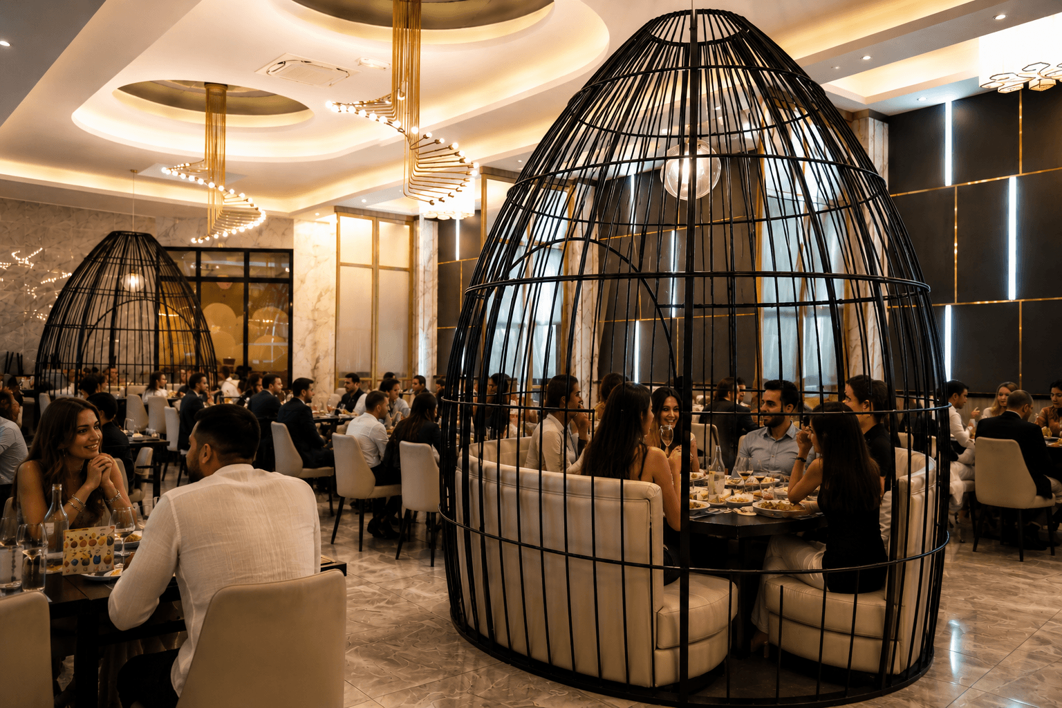 Salle principale avec cocons privés en cage et lustres dorés