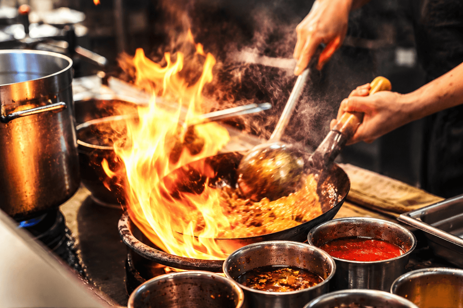 Wok flambé en cuisine ouverte — Grill du Haillan Bordeaux